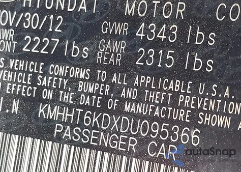 2013 Hyundai Genesis 2.0T Premium z USA, uszkodzony, nr VIN KMHHT6KDXDU095366